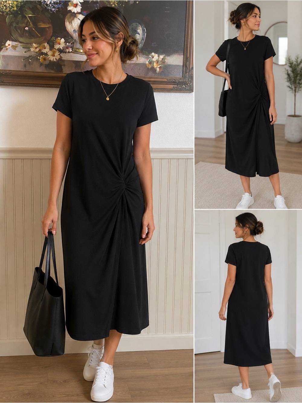 Banana Republic Black Twist-Front Short-Sleeve Midi Dress